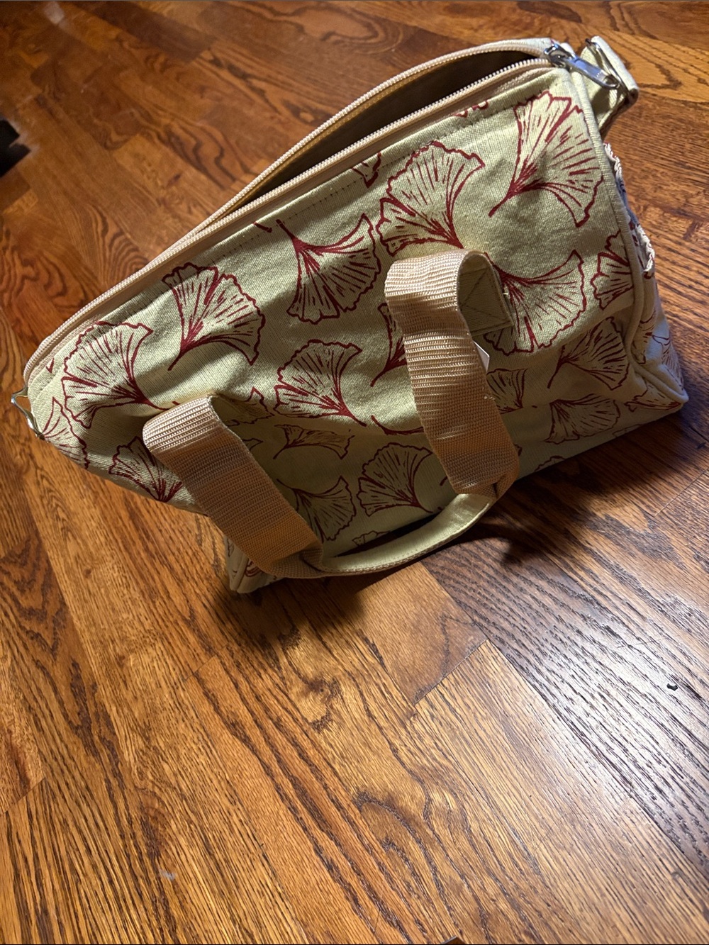 NWT Fair Trade Canvas Satchel Tote in Light Yellow Green with Red Ginko Print